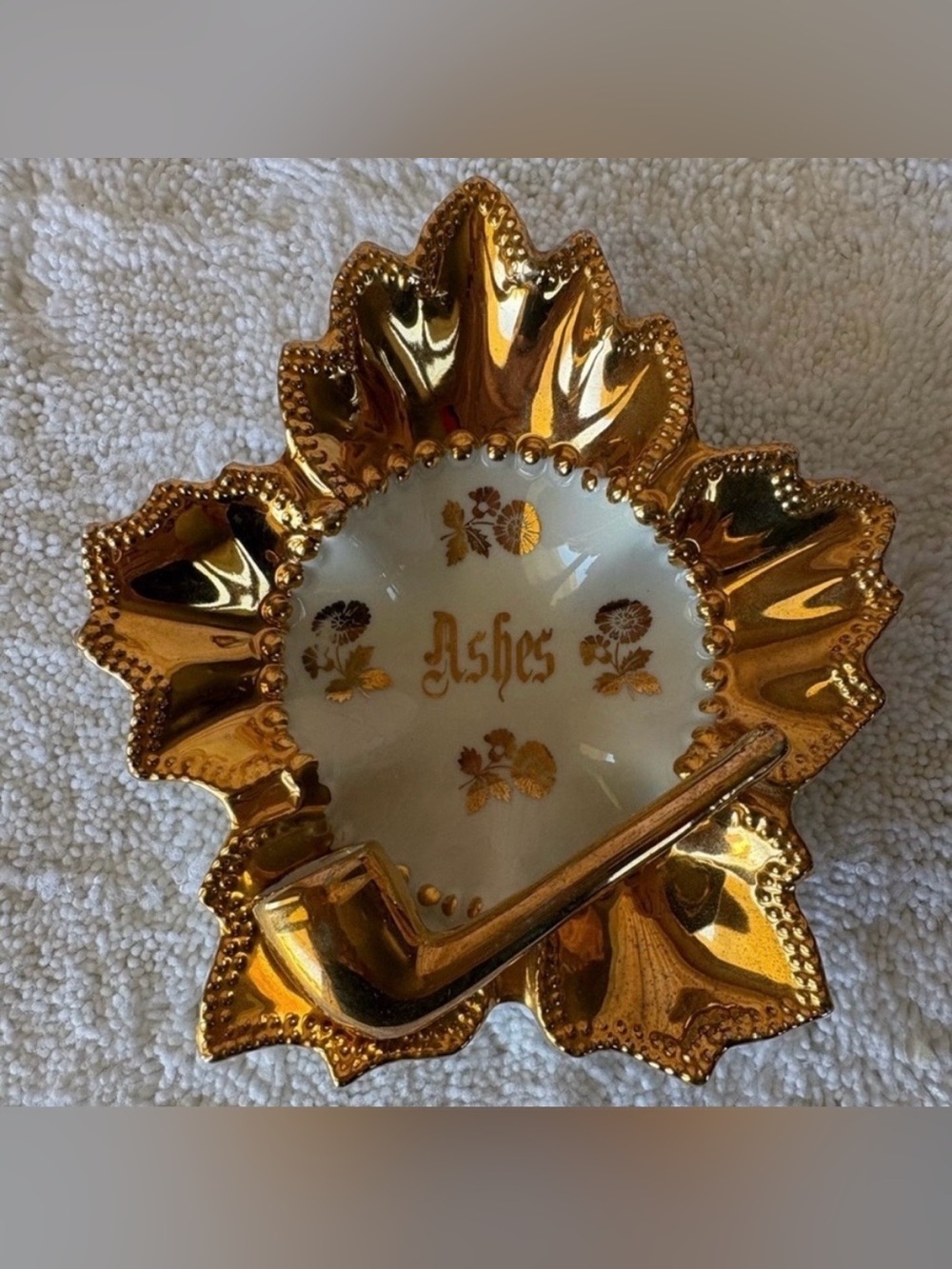 Vintage Gold-plated and White Ashtray with a Pipe Holder